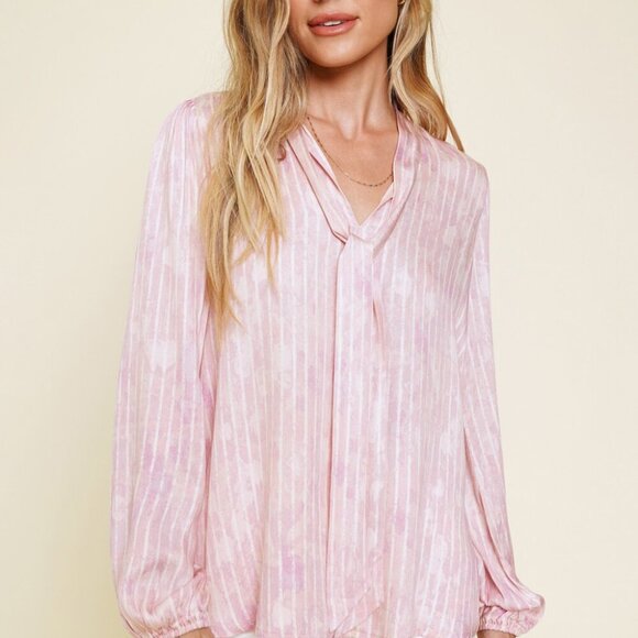 MYSTREE  Pink Tie Neck Blouse – Long Sleeve Striped Top - Picture 6 of 8